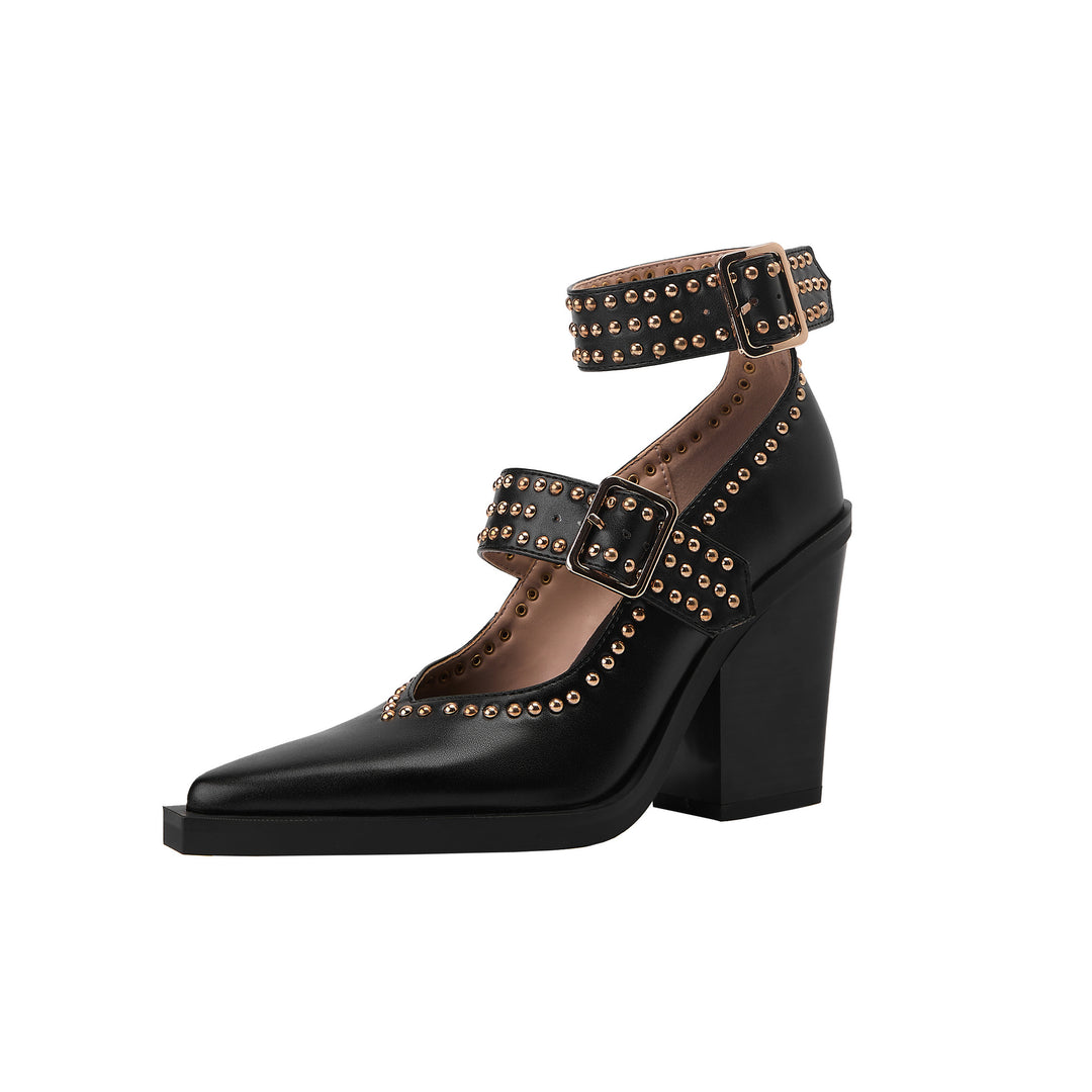 Femme Chunky Hælsats Mary Jane Pumps med Nitteudsmykning Stilla