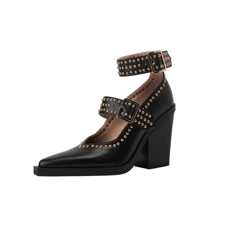 Femme Chunky Hælsats Mary Jane Pumps med Nitteudsmykning Stilla