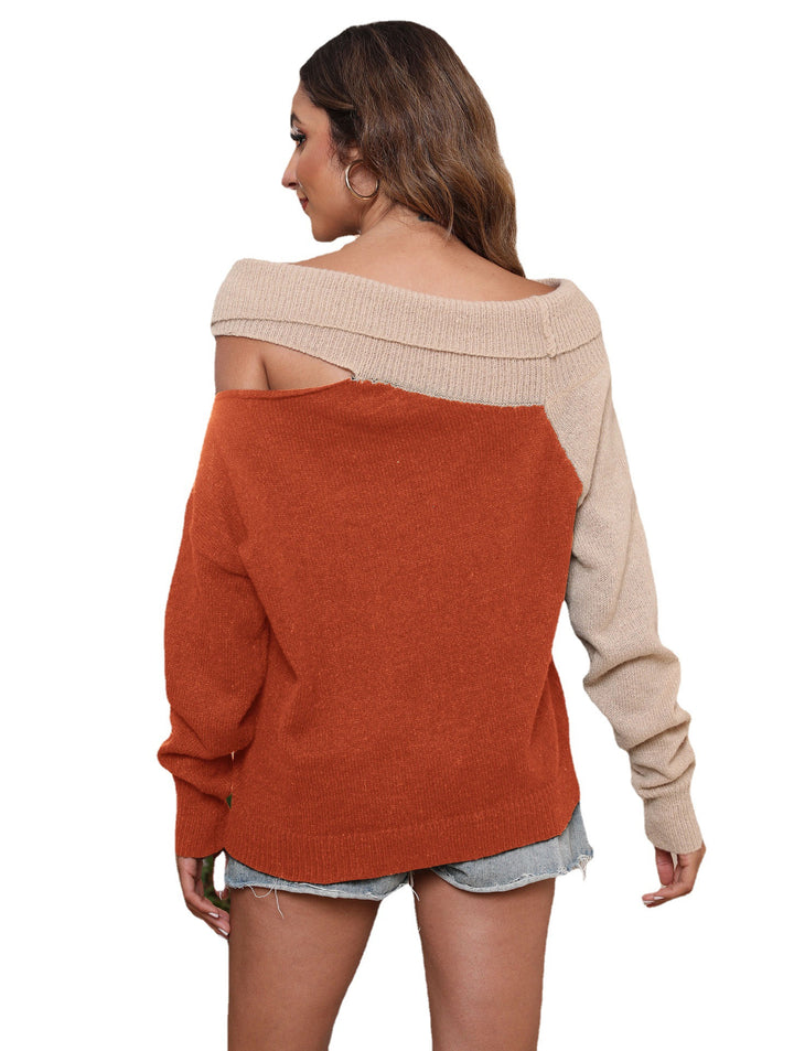 Dame Off-Shoulder Strikket Pullover med Farveblokdesign Stilla
