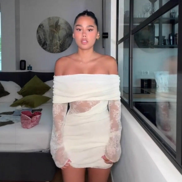 Dame kort Off-Shoulder-kjole med elegante spidsapplikationer og raffineret design Stilla