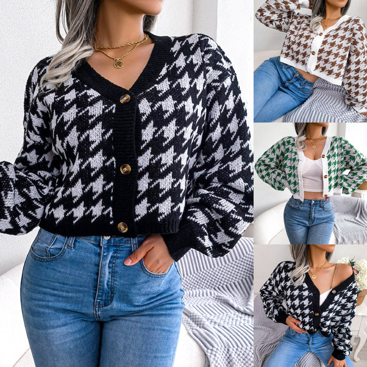 Dame Kort skåret strikjakke med moderne houndstooth-mønster Stilla