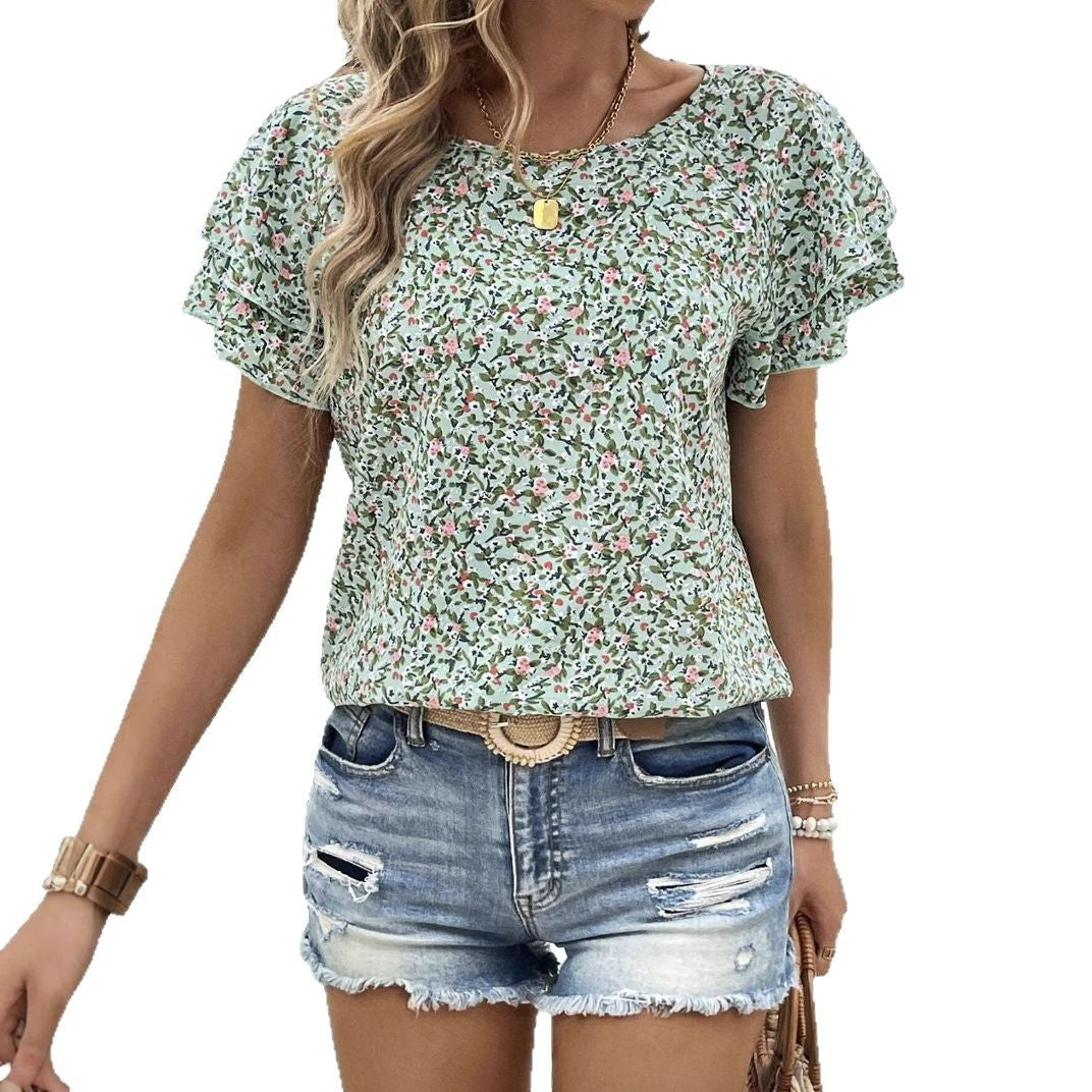 Dame sommerbluse med flæsedetaljer og blomsterdesign Stilla
