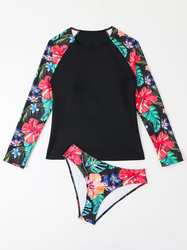 Dame Sporty Rashguard-Bikini-Sæt med blomsterdesign og lange ærmer Stilla