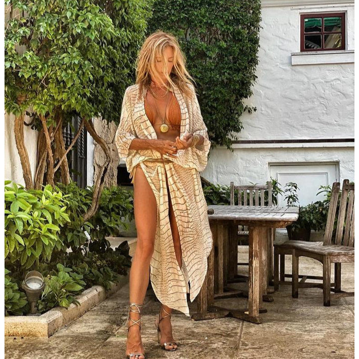 Dame Casual Strandkimono med elegant dyreprint og bredt skårne ærmer Stilla