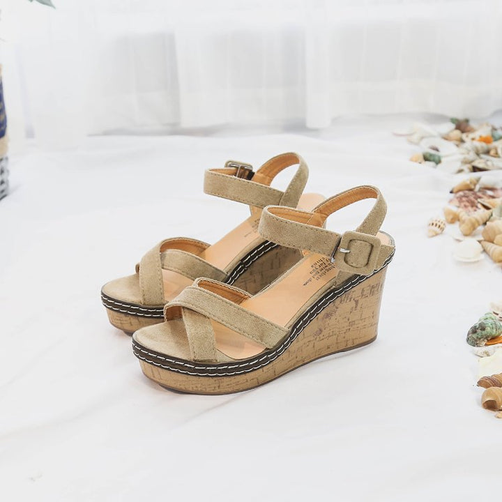 Dame nan kilehæle sandaler med korkplade justerbar ankelrem i fløjl Skovae