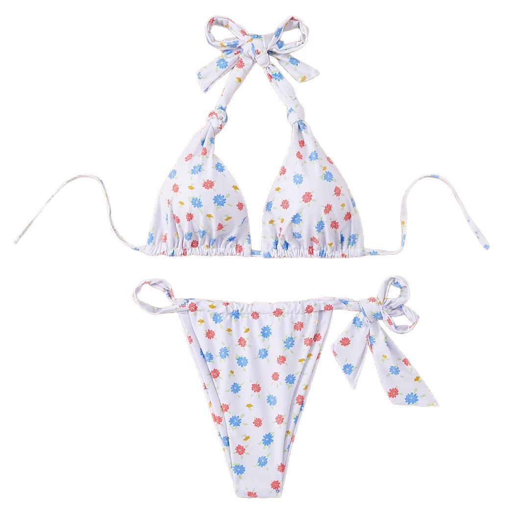Dame blomsterprint bikini-sæt med legesyg bindemåde og høj udskæring Stilla