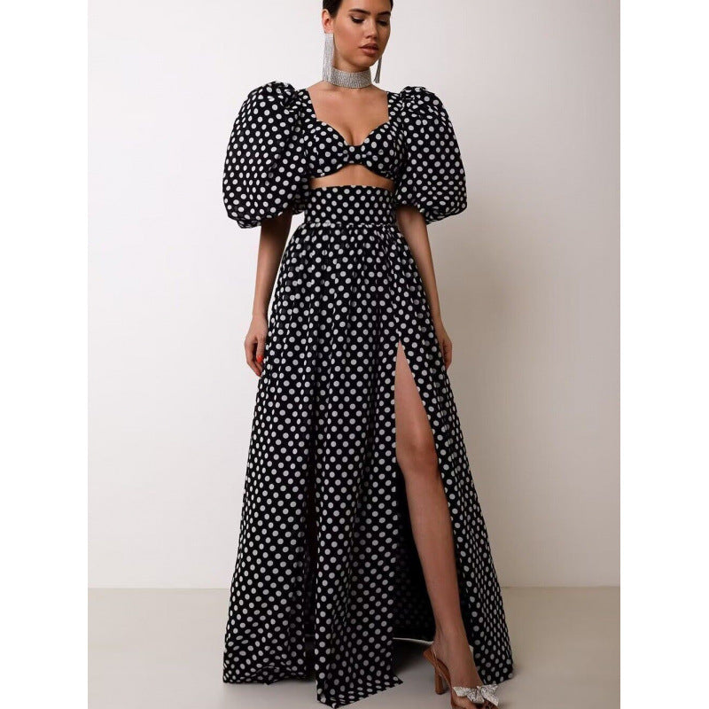 Femme Elegante Polka Dot To-dels Maxi Kjole med Puffærmer Stilla
