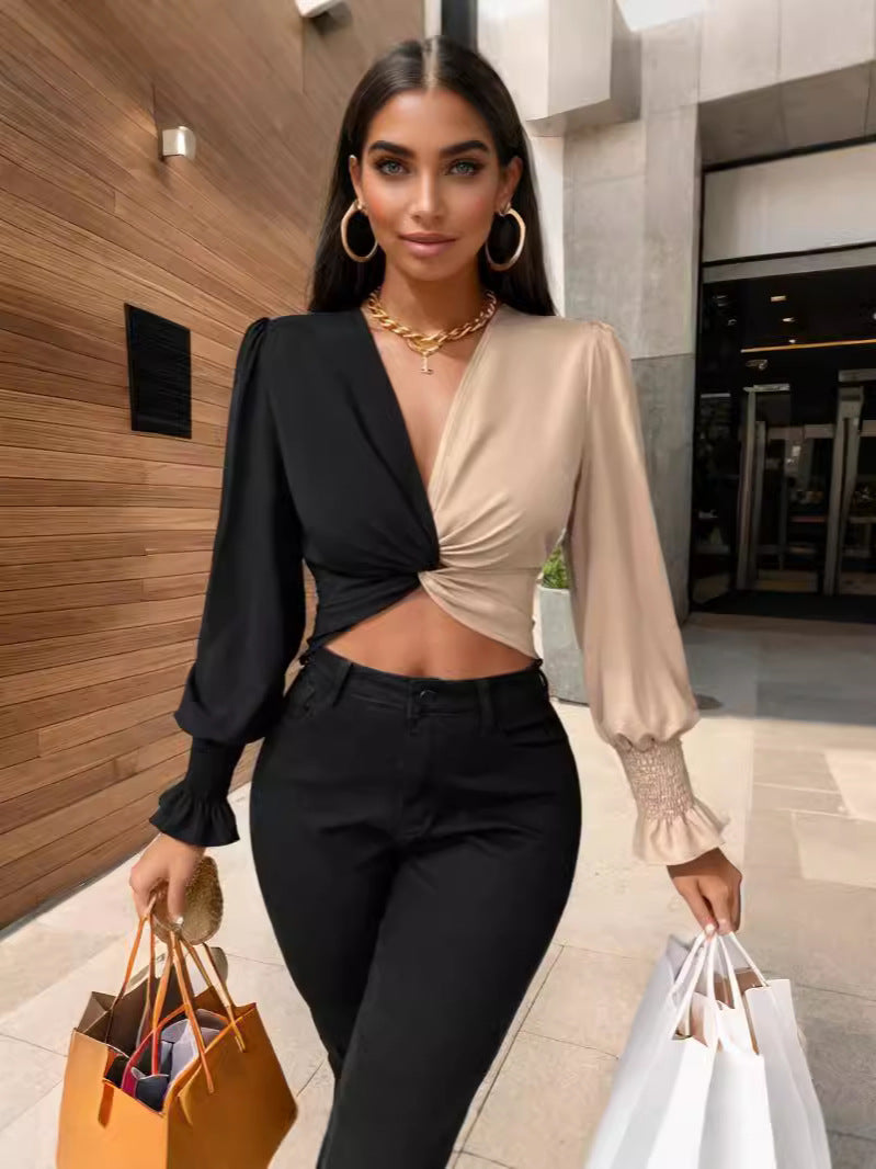 Dame Fashion Cropped Top med Vikledesign og Ballonærmer Stilla