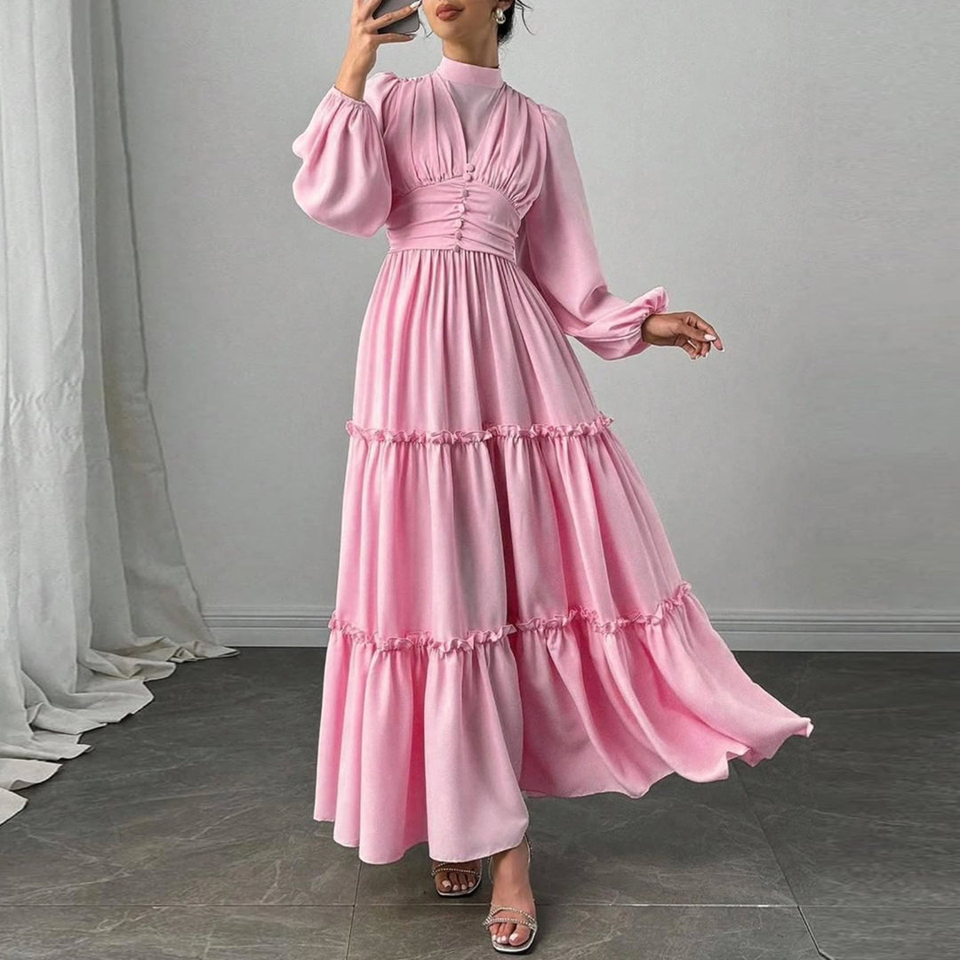 Dame Maxi Kjole med Elegante Volant Detaljer og Samlet Top