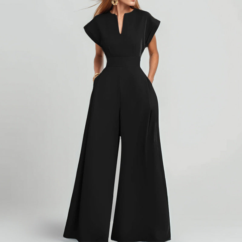 Damer Elegant Bred Jumpsuit med Korte Ærmer og Dyb Udringning Stilla