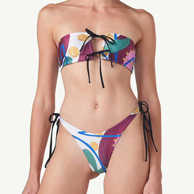 Dame bandeau-bikini med legende mønster og bindebånd Skovae