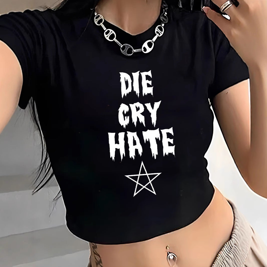 Dame Crop-T-shirt med iøjnefaldende grafisk design og frækt statementtryk Skovae