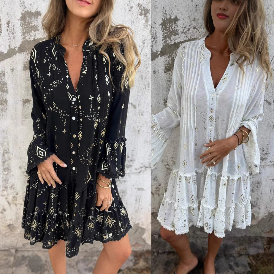 Dame afslappet Boho-kjole med voluminøse ærmer og flæsedetaljer Stilla