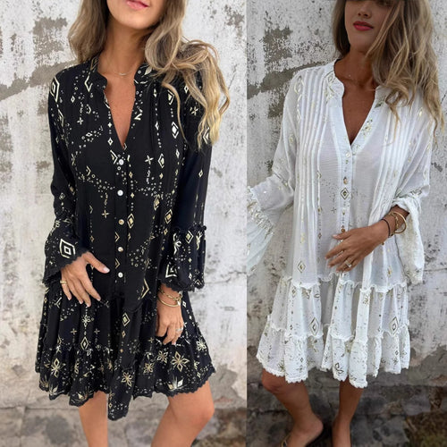 Dame afslappet Boho-kjole med voluminøse ærmer og flæsedetaljer Stilla