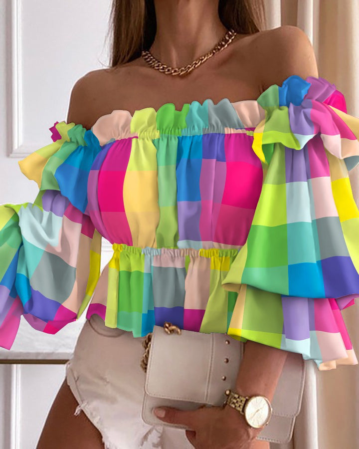 Dame Off-Shoulder Bluse med voluminøse ærmer og blomster mønster Stilla