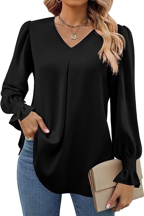 Dame Elegant Bluse med V-udskæring og Pufærmer Stilla