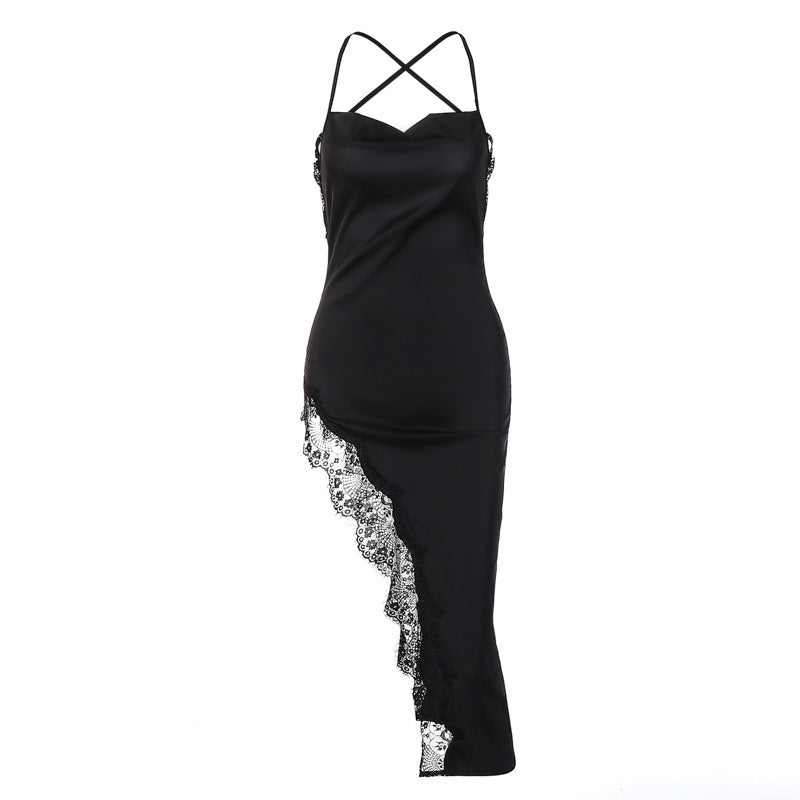 Dame elegant satin kjole med raffineret spidsåbning og sidelæg Stilla