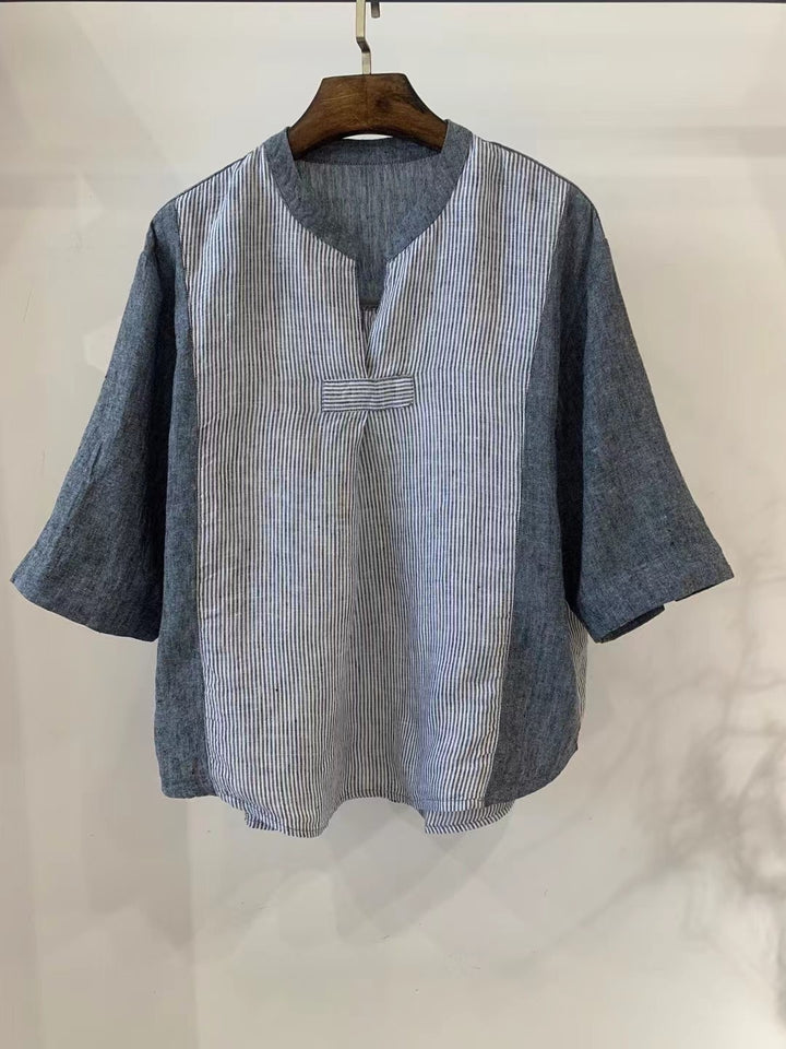 Dame stribet linned blouse med løs pasform og halvlange ærmer Stilla