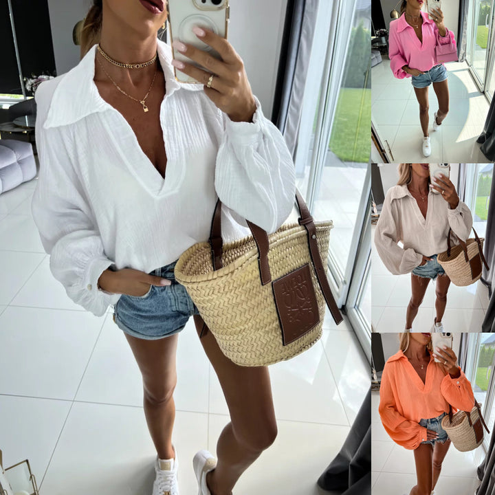 Dame afslappet oversized skjorte med dyb V-udskæring Stilla