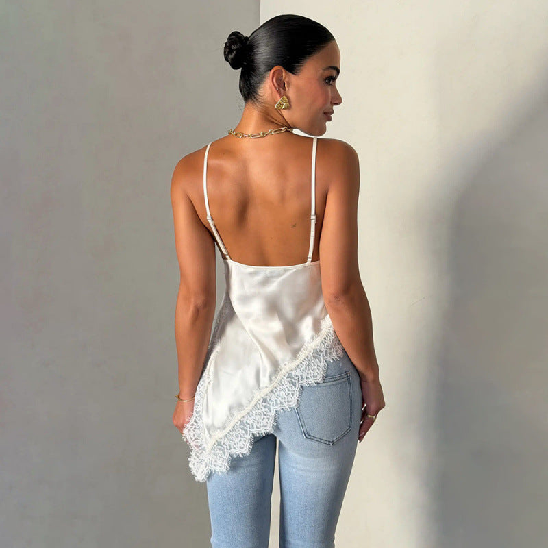 Damen Satin Top mit Spitzenverzierungen Skovae