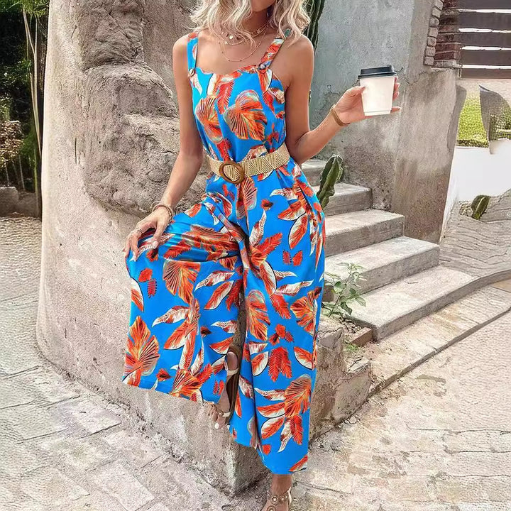 Dame jumpsuit med blomsterprint og bred ben Stilla