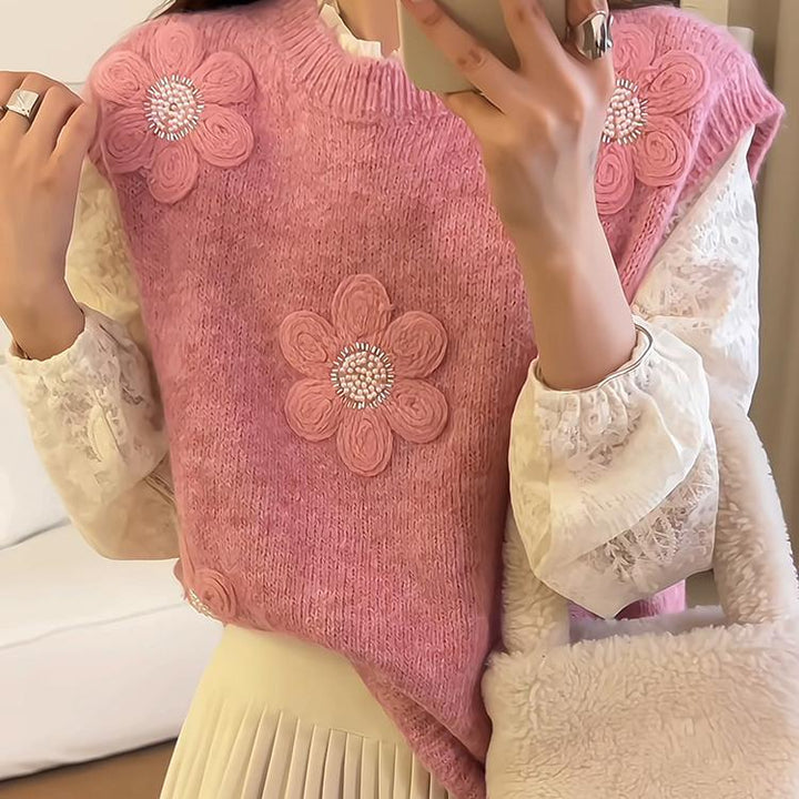 Kvinders strikket pullover med blomsterapplikationer og struktureret overflade Stilla