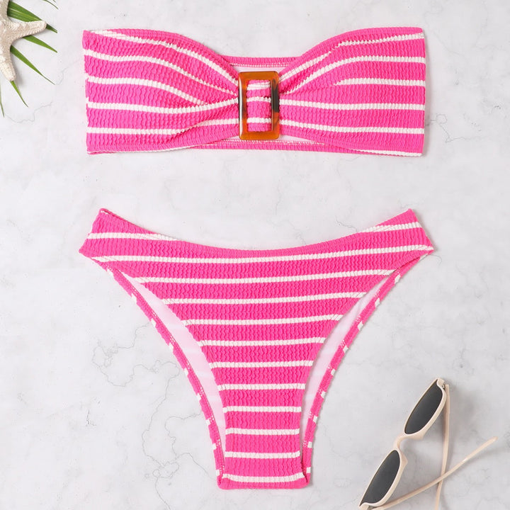 Dame Bandeau-bikini med elegant rynkning og moderne stribemønster Stilla