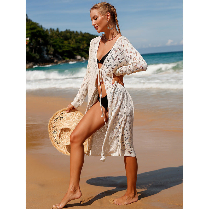 Dame elegant hæklet strandkimono i boho-stil med dyb v-hals Skovae