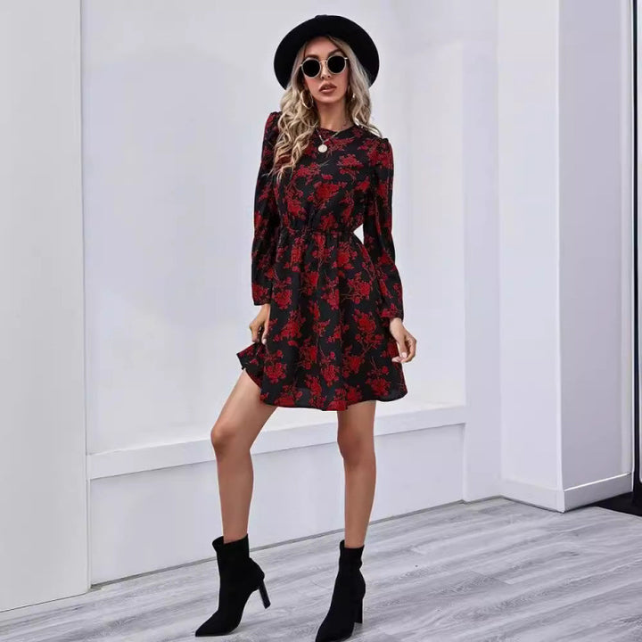 Dame Floral Print Swing Kjole med lange ærmer og talje knude Stilla