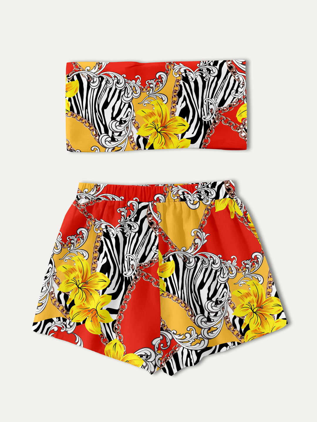 Dame mode bandeau-top og shorts-sæt med farverigt grafikdesign Stilla