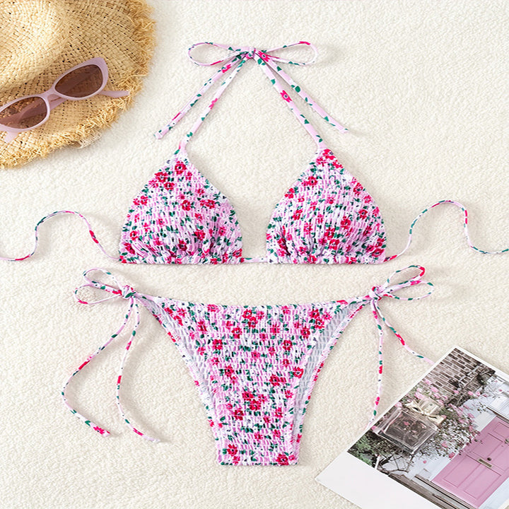 Dame triangle bikini sæt med legende rynk og smukt blomsterdesign Skovae
