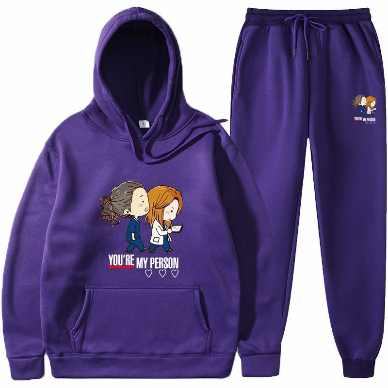 Dame Hoodie og Joggingbukser Sæt med Originalt Tegneserie Design Skovae
