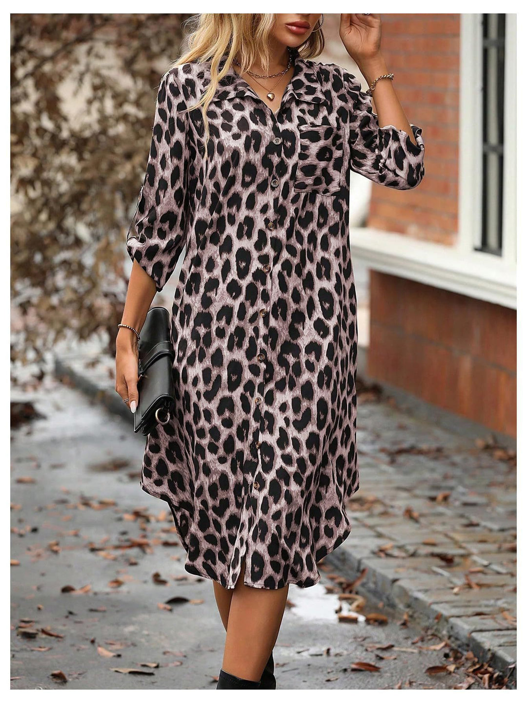 Femme Stilfuldt Leopardmønster Lang Knap-op Kjole Stilla