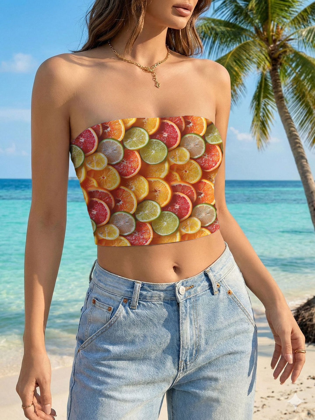 Dame Bandeau-top med blomsterfuglemotiv og elastisk pasform Skovae