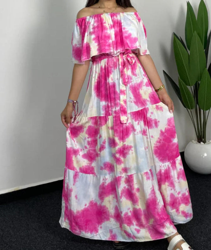 Dame maxikjole i afslappet boho-stil med off-shoulder-udskæring og bindebælte Stilla