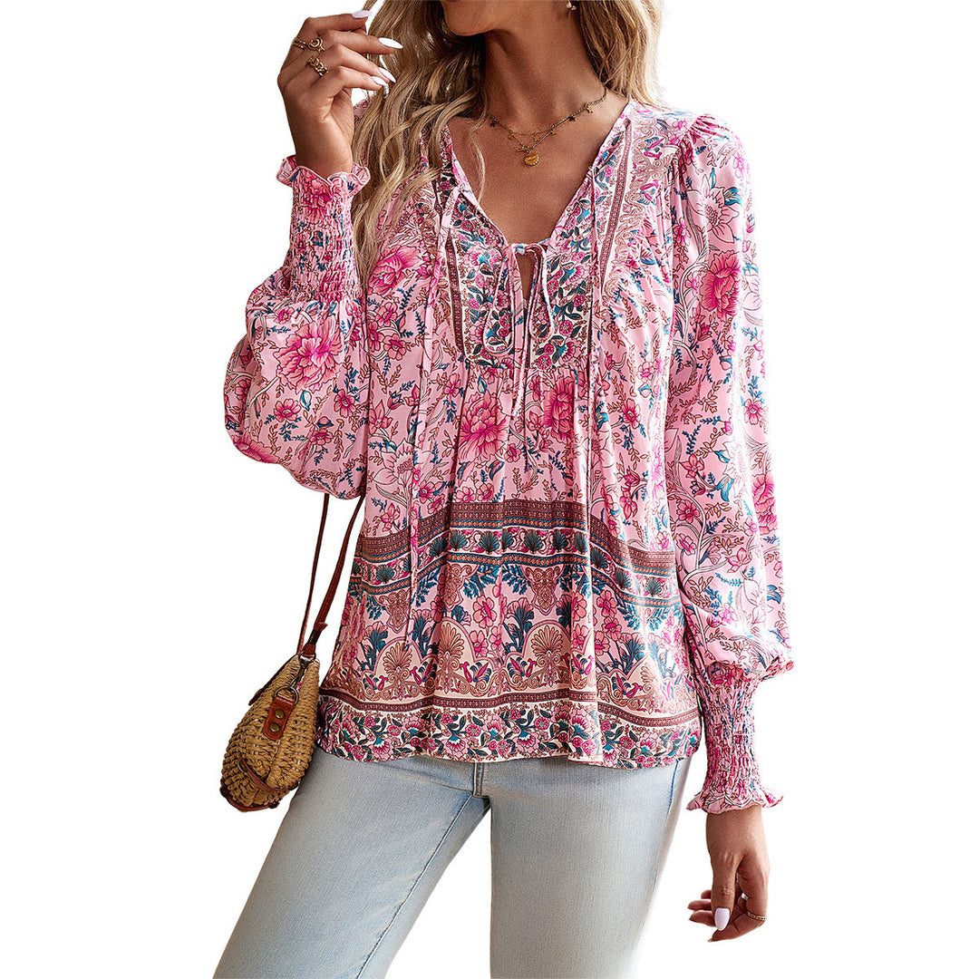 Dame blomster Boho-bluse med lange ærmer og raffinerede flæsedetaljer Stilla