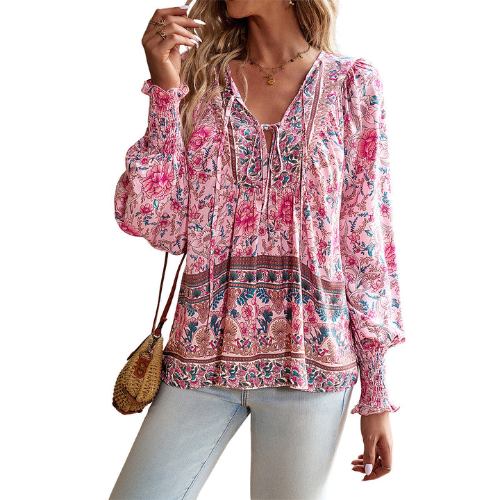 Dame blomster Boho-bluse med lange ærmer og raffinerede flæsedetaljer Stilla