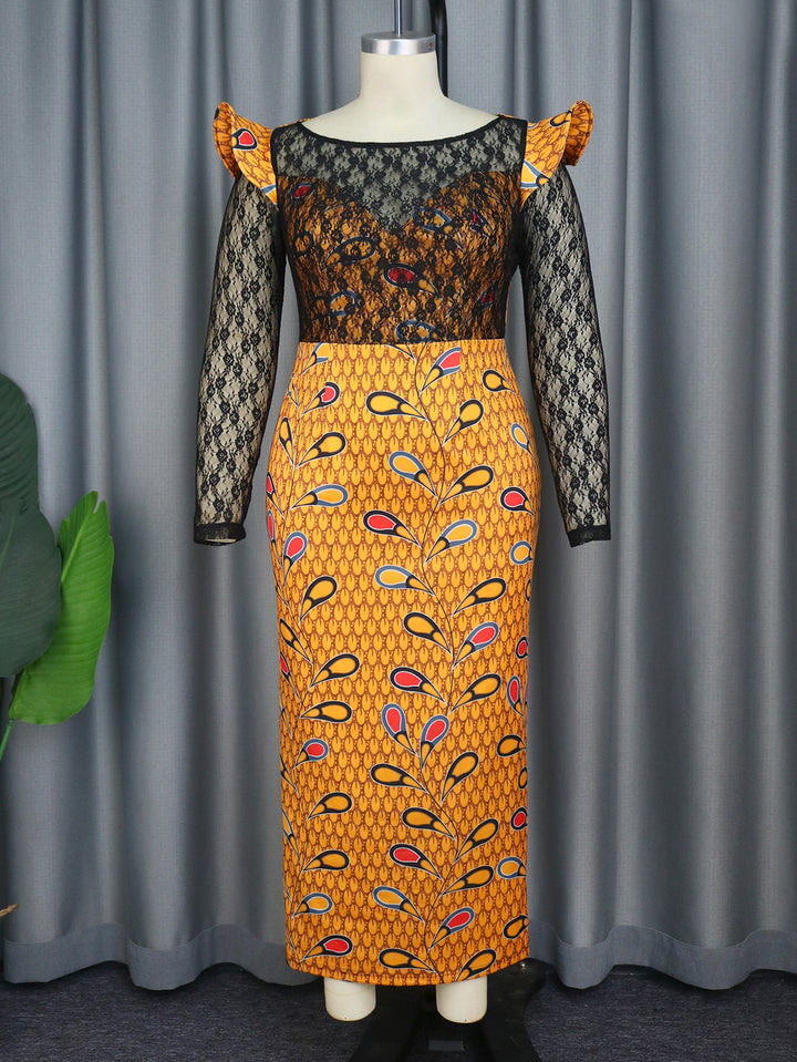 Dame Elegant Langærmet kjole med floral mønster og transparent spidstopføring Skovae