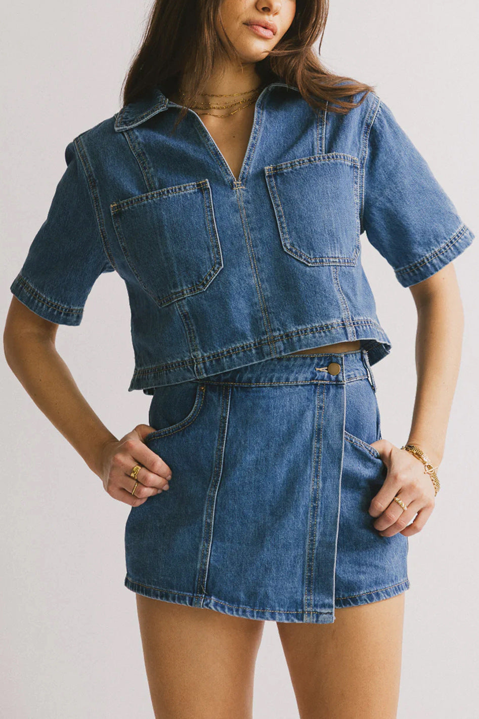 Dame afslappet denim kort jakke sæt med matchende nederdel Skovae