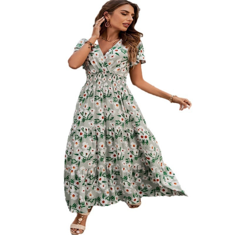 Dame Floral Print Maxi Kjole med rynket liv og flagrende ærmer Stilla