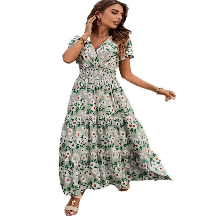 Dame Floral Print Maxi Kjole med rynket liv og flagrende ærmer Stilla