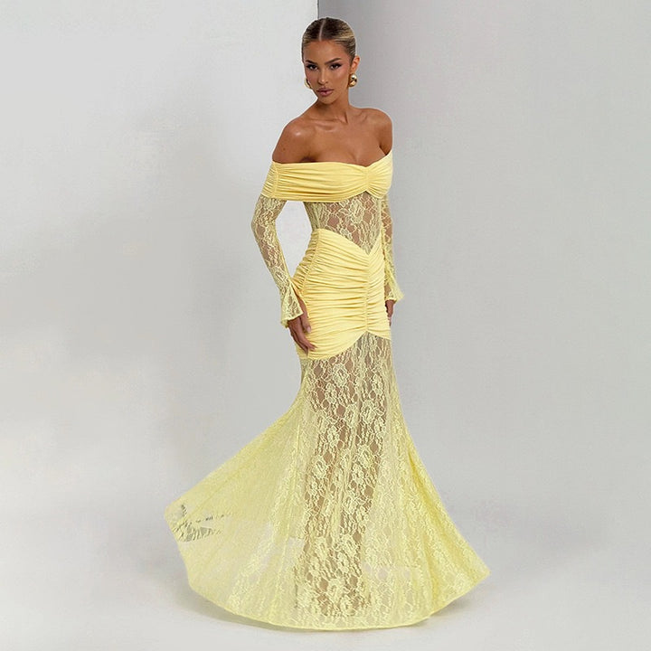 Dame Elegant Langærmet Spidskjole med Draperinger og Off-Shoulder Design Skovae