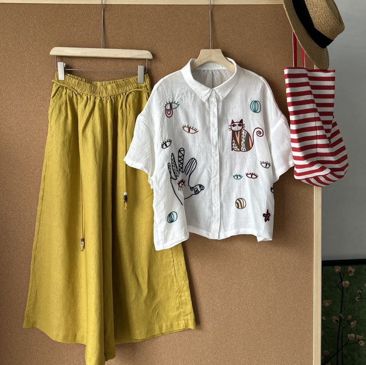 Femme Broderet Kort Button-Up Skjorte og Højtaljet Maxi Nederdel Sæt Stilla