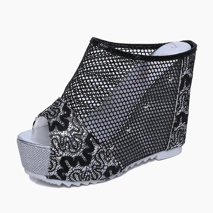 Dame Wedge-sandaler med elegant netdesign og funklende applikationer Stilla
