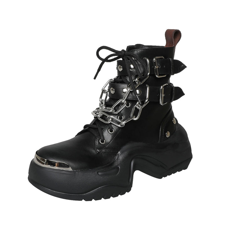 Femme Chunky Platform Combat Boots med dekorativ kæde og quiltede remme Stilla
