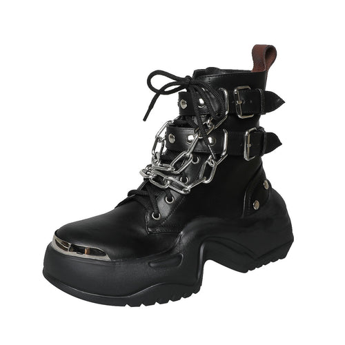 Femme Chunky Platform Combat Boots med dekorativ kæde og quiltede remme Stilla