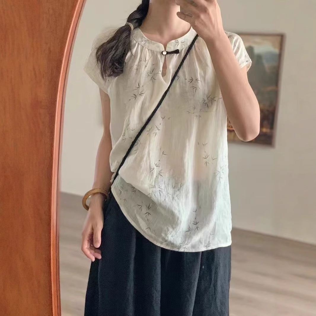 Dame Floral Print Kortærmet Bluse med Sløjfedetalje Stilla