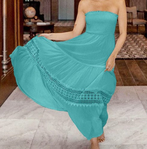 Dame strapless maxikjole med elegant blondedekor Stilla