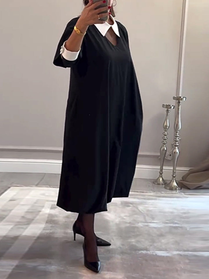 Dame afslappet skjortekjole med moderne V-udskæring og elegante kontrastærmer Stilla