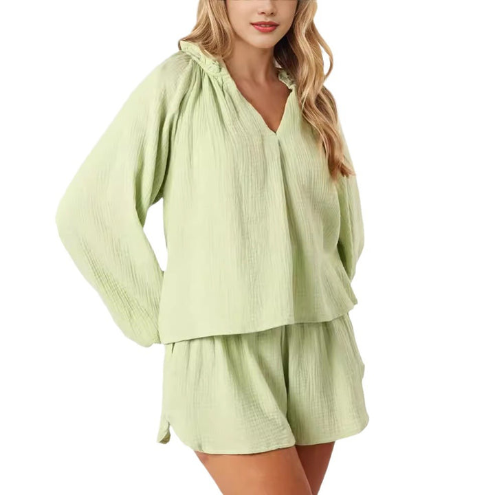 Dame let kortærmet loungewear-sæt med vide ærmer og V-hals Stilla
